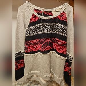 Free People Gray, Black, and Red Knit Sweater